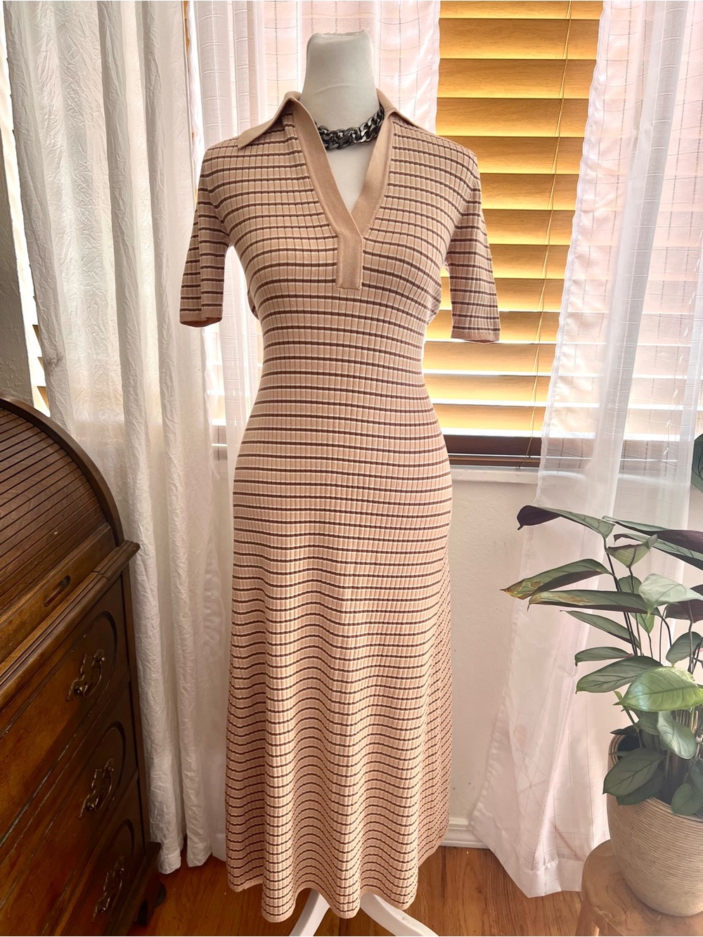 LOFT Tan Ribbed Polo-Style Midi Dress